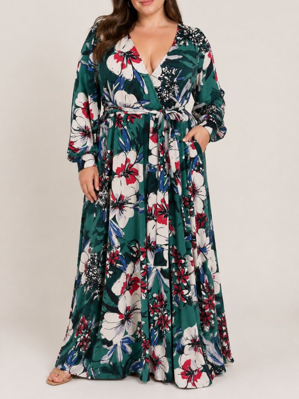 ELOQUII Floral Wrap Maxi Dress Size 20 Plus Size Long Sleeve Green Red Blue